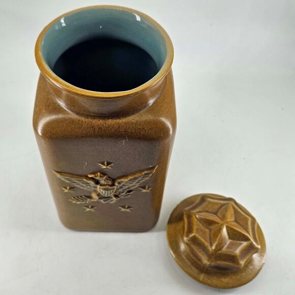 Vintage bicentennial eagle pottery stoneware canister jar w lid brown blue glaze - Picture 3 of 4